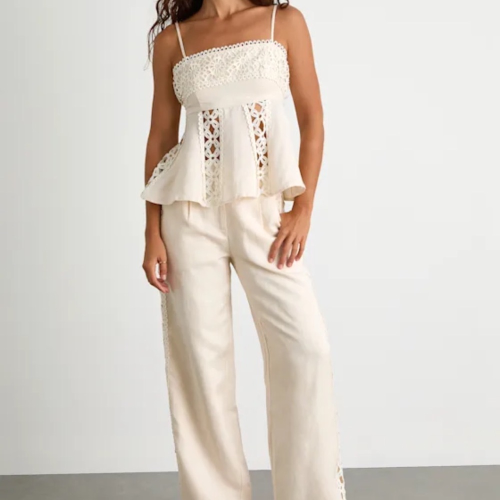 Vannah Ivory Linen Crochet Lace Tank Top & Wide-leg pants SET
